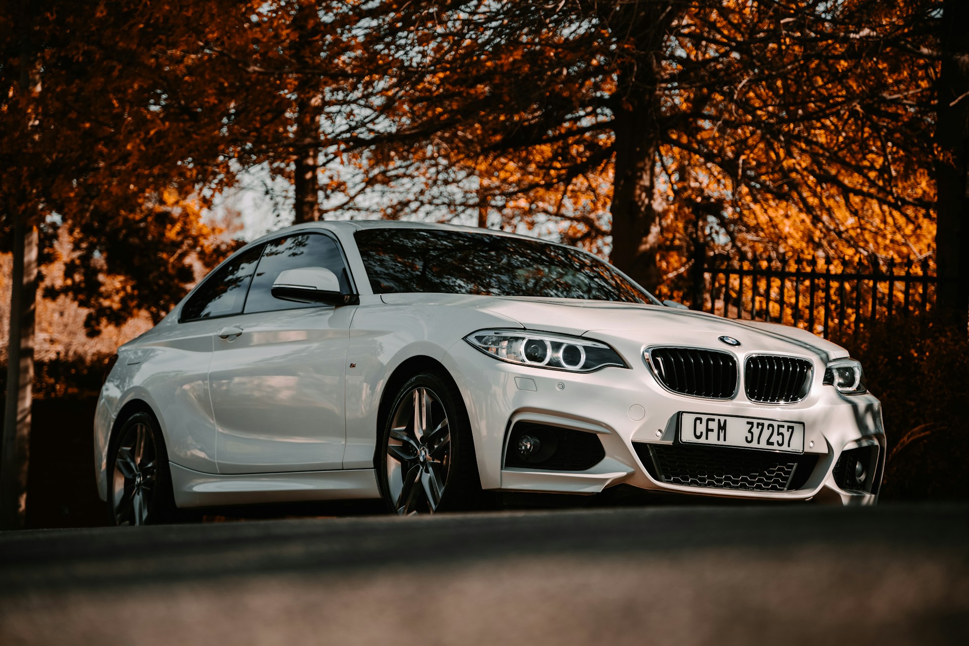 A white BMW parked in front of a treeline