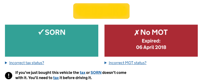 Screenshot of the gov.uk site, confirming MOT is expired and the car is SORN