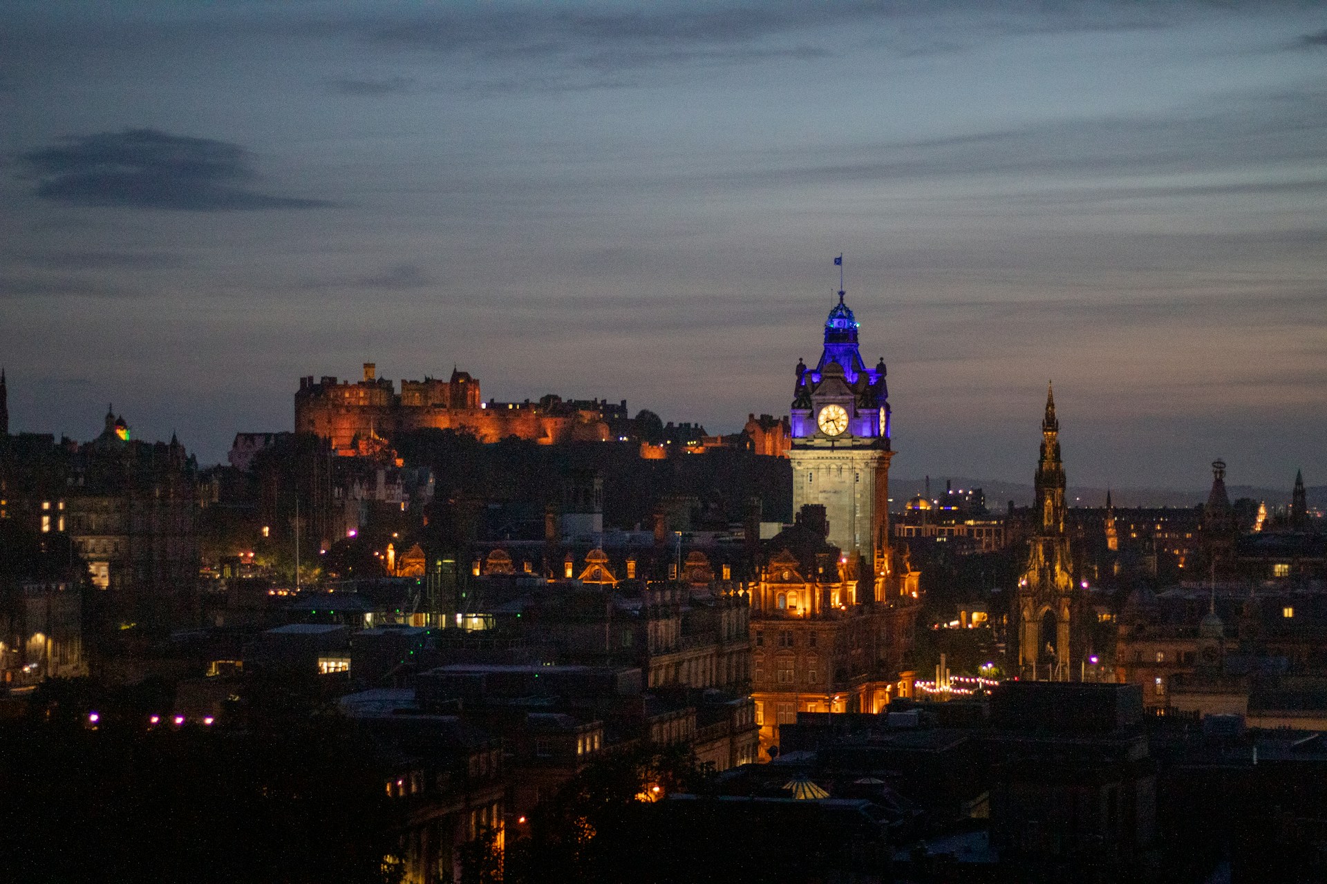 Edinburgh's old town and castle lit up at night