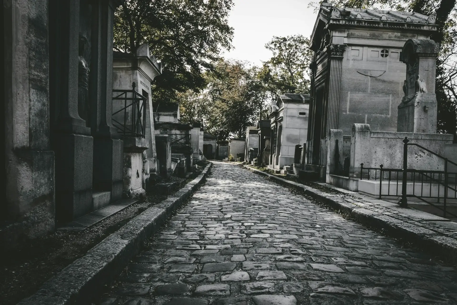 pathway through a cemetery with many headstones