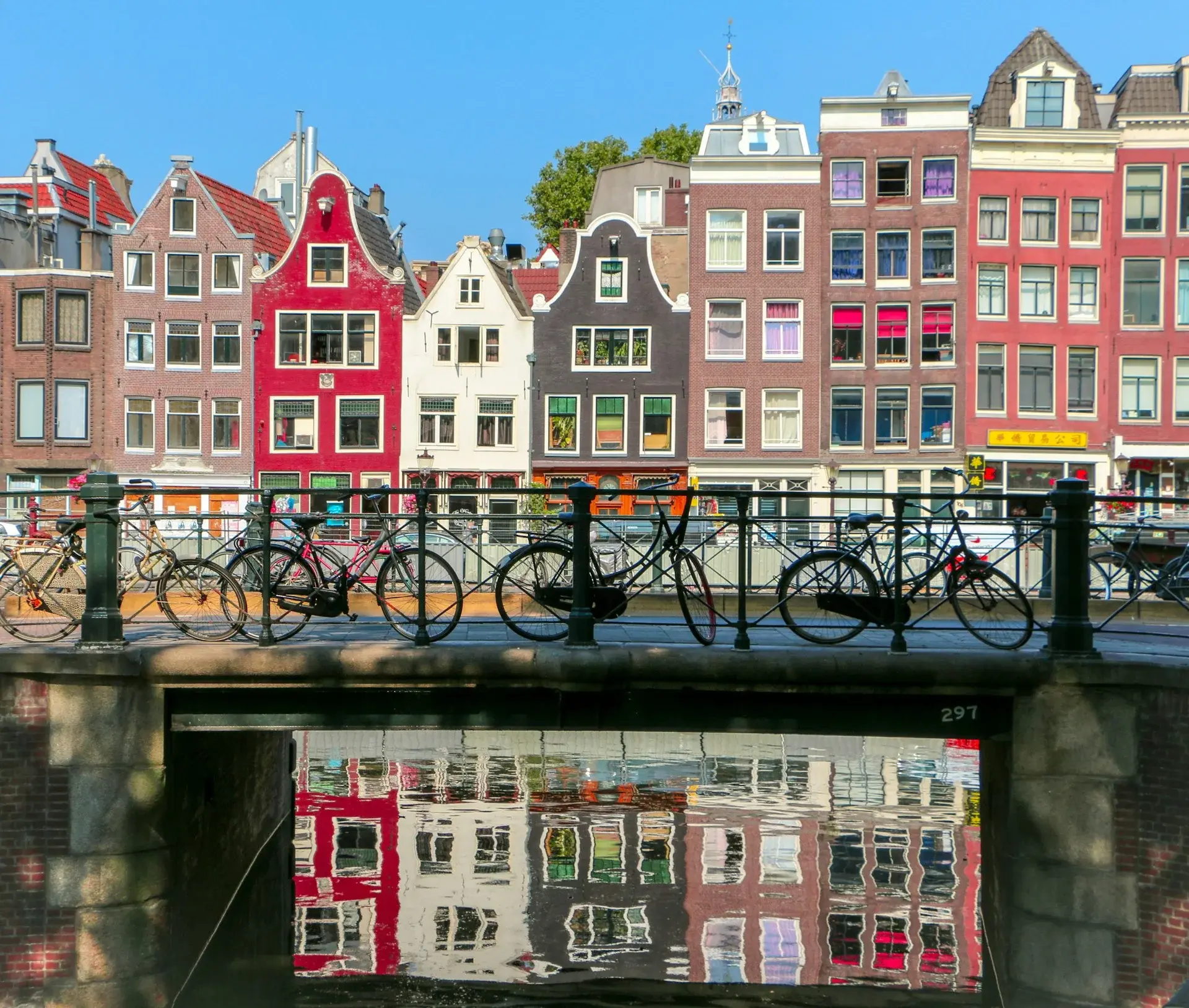bicycles parked on a bridge over a canal with houses in background